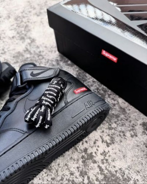 Nike Airforce 1 Supreme X Mid Leather ALL BLACK 1st Leather