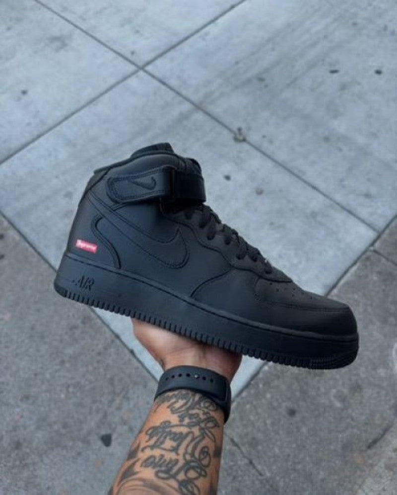 Nike Airforce 1 Supreme X Mid Leather ALL BLACK 1st Leather