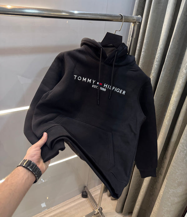 Tomm y Hilfiger Black Embroidery Logo Imported Hoodie