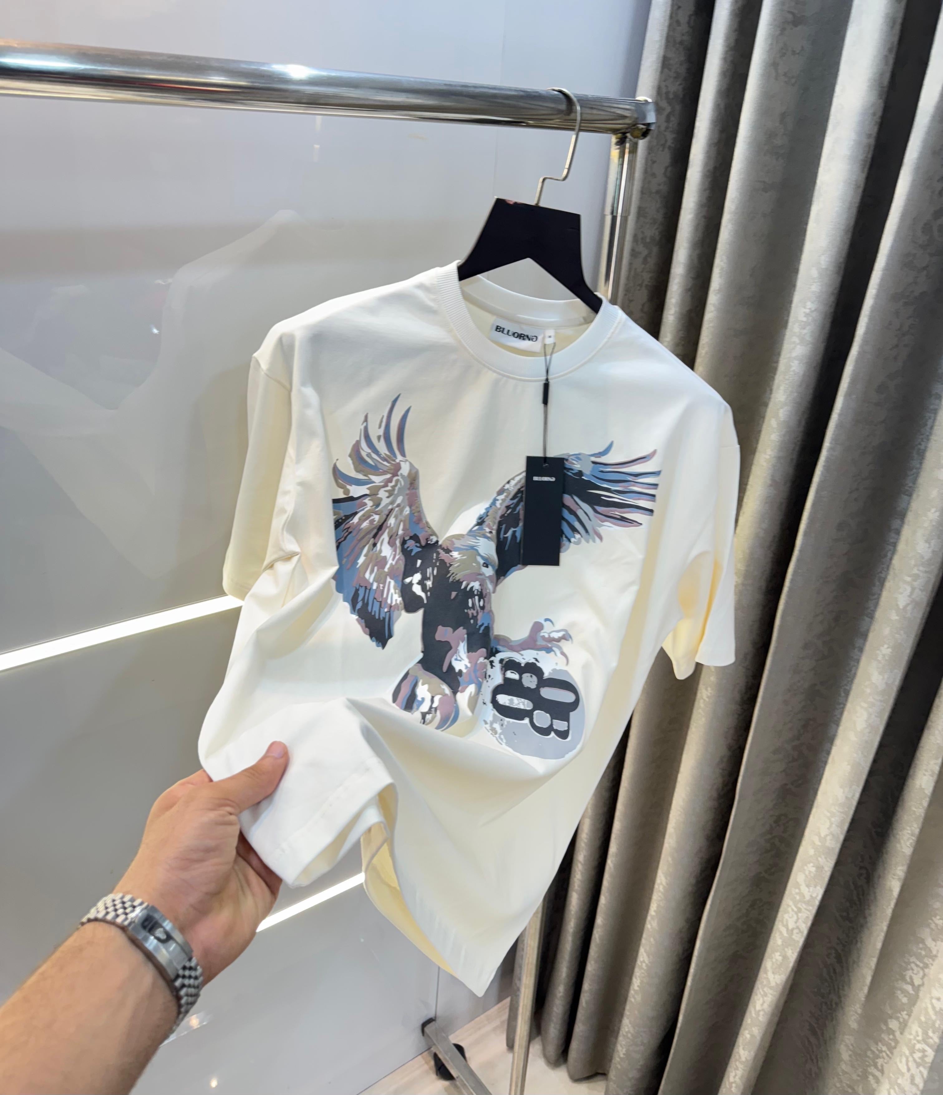 Bluorn g Cream  Eagle Embo..ssed Print Imported Oversized T-Shirt