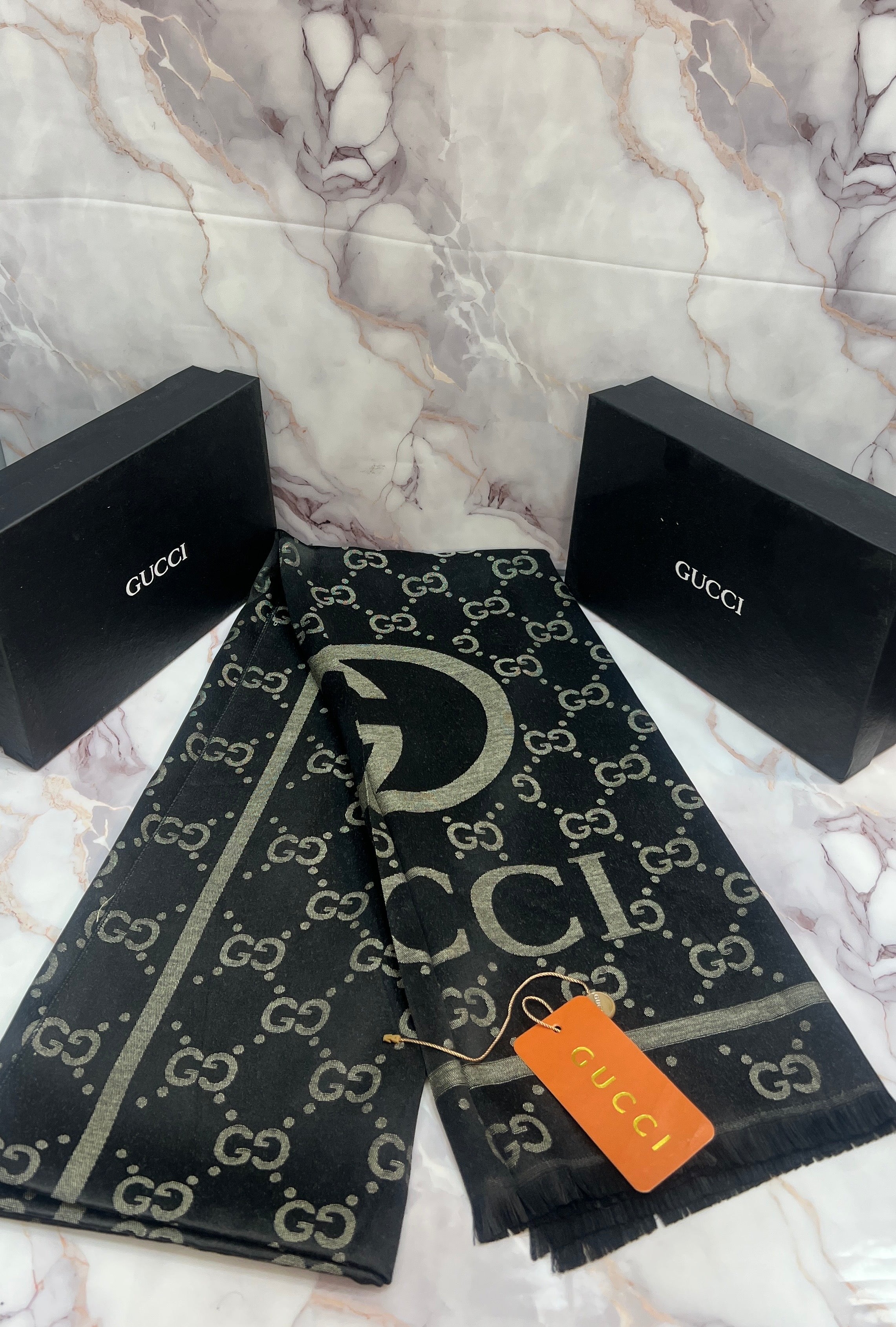 GG GUCCI PREMIUM QUALITY IMPORTED STOLES WITH OVERALL MONOGRAM PRINT WITH OG BOX