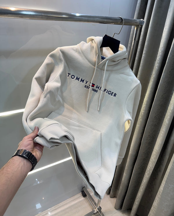 Tomm y Hilfiger Cream Embroidery Logo Imported Hoodie