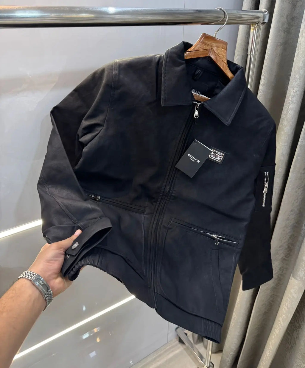 Balmai n Paris Black  Logo Imported Leather Jacket