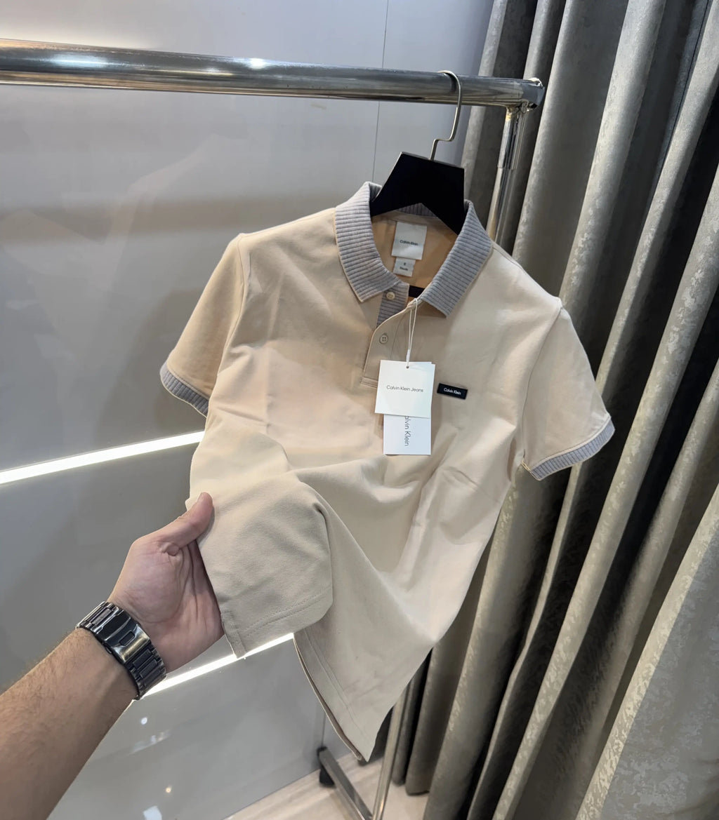 Calvin  Klein Beige Patch Logo Premium Polo T-Shirt