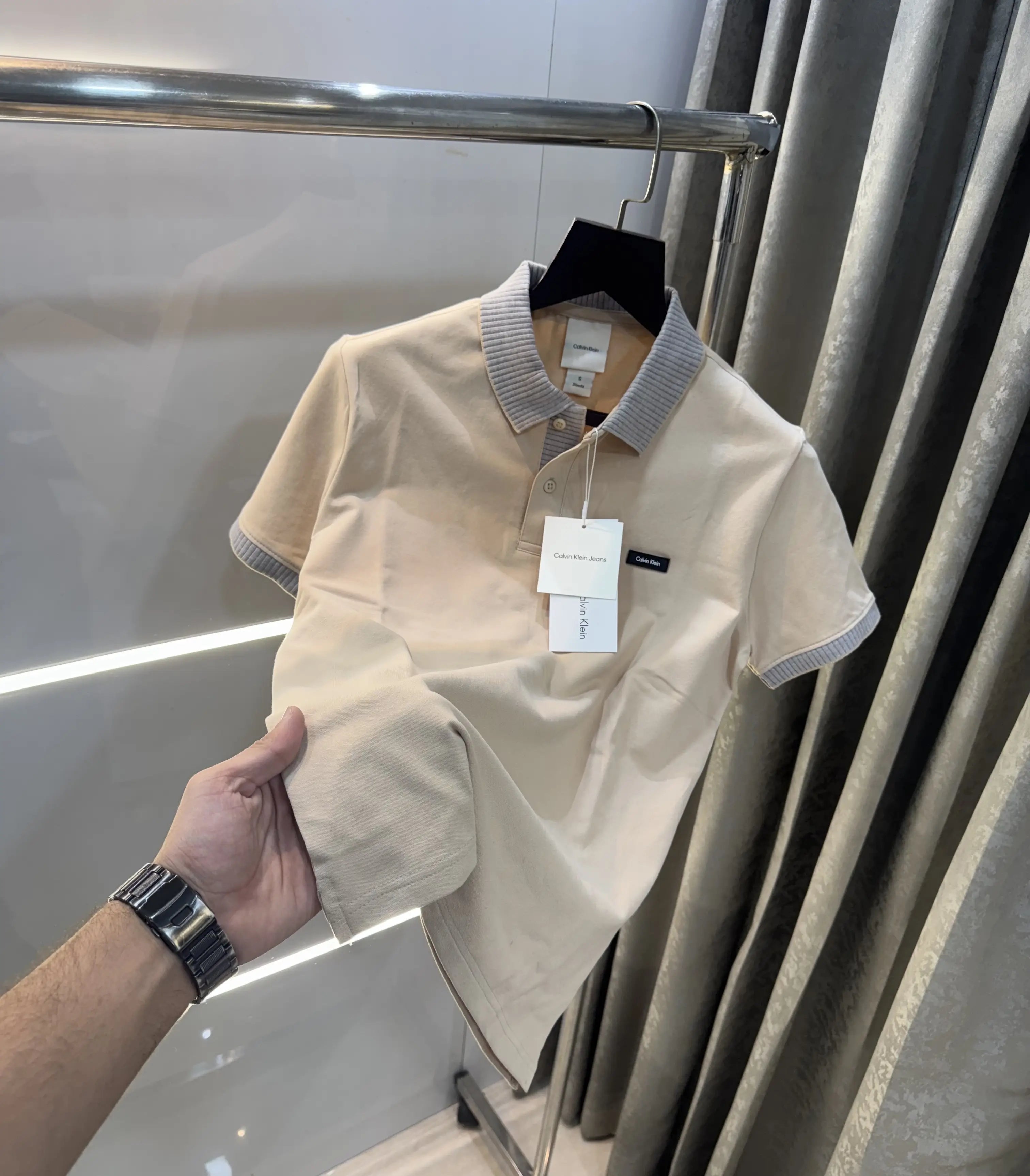 Calvin  Klein Beige Patch Logo Premium Polo T-Shirt