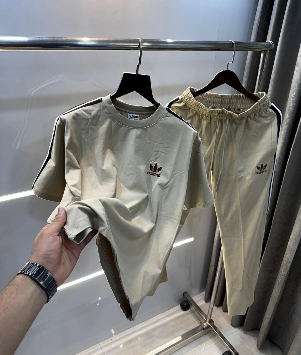 Adida s Baige STr!pEs Logo Print Premium Tracksuit