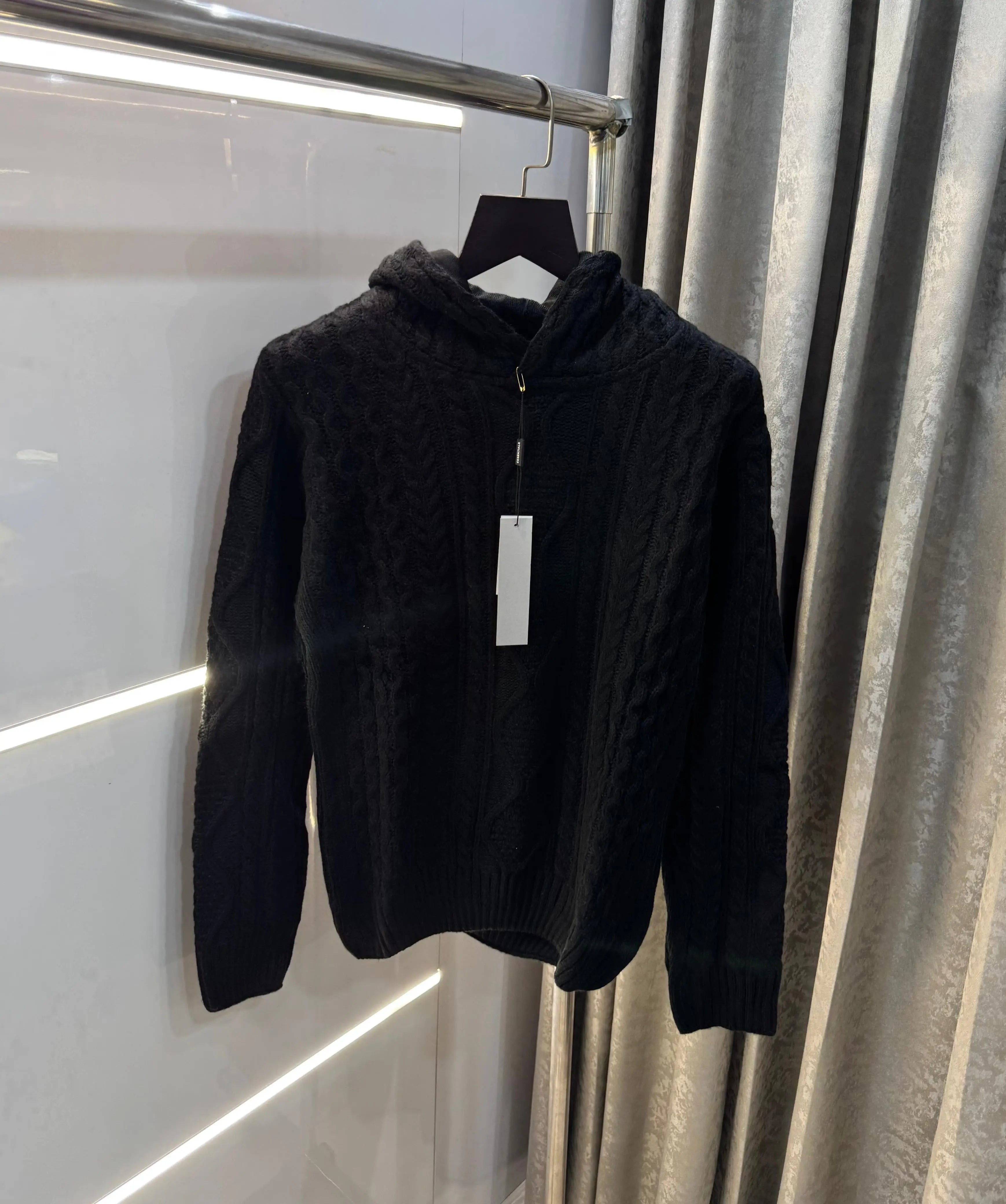 Essential Black Imported Knitted Hoodie Secondary image