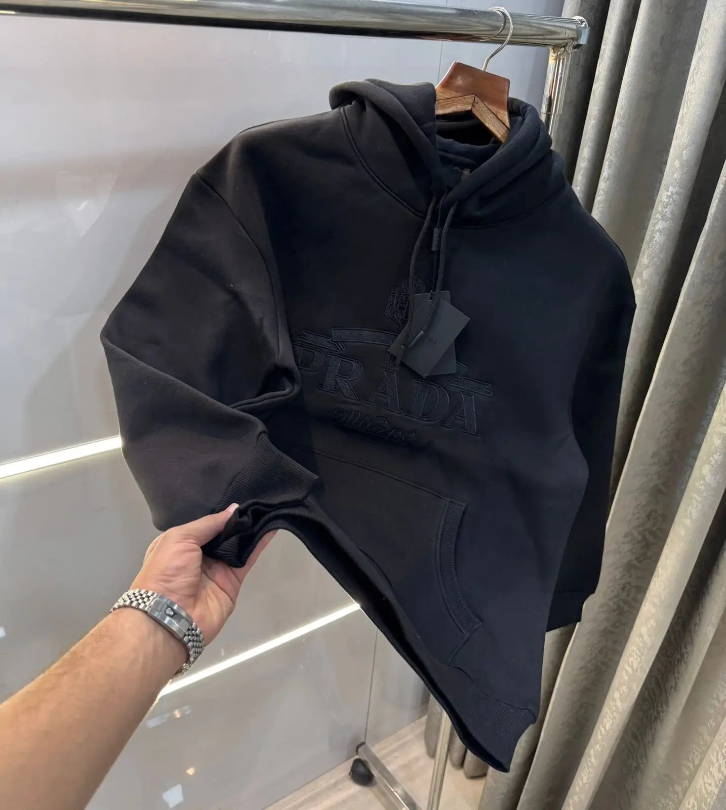 Prad a Milano Black  Embroidery Logo Premium Hoodie