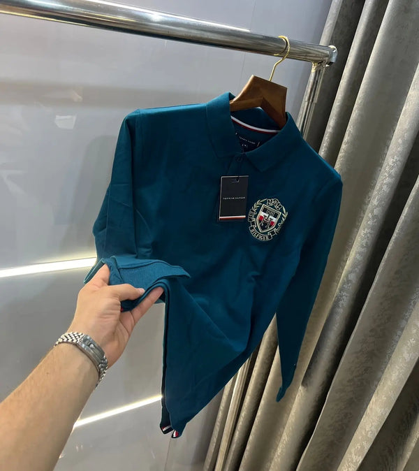 Tomm y Hilfiger petrol Blue Logo Print Premium Full Sleeve Polo T-Shirt