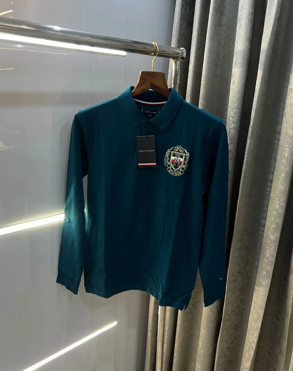 Tomm y Hilfiger petrol Blue Logo Print Premium Full Sleeve Polo T-Shirt