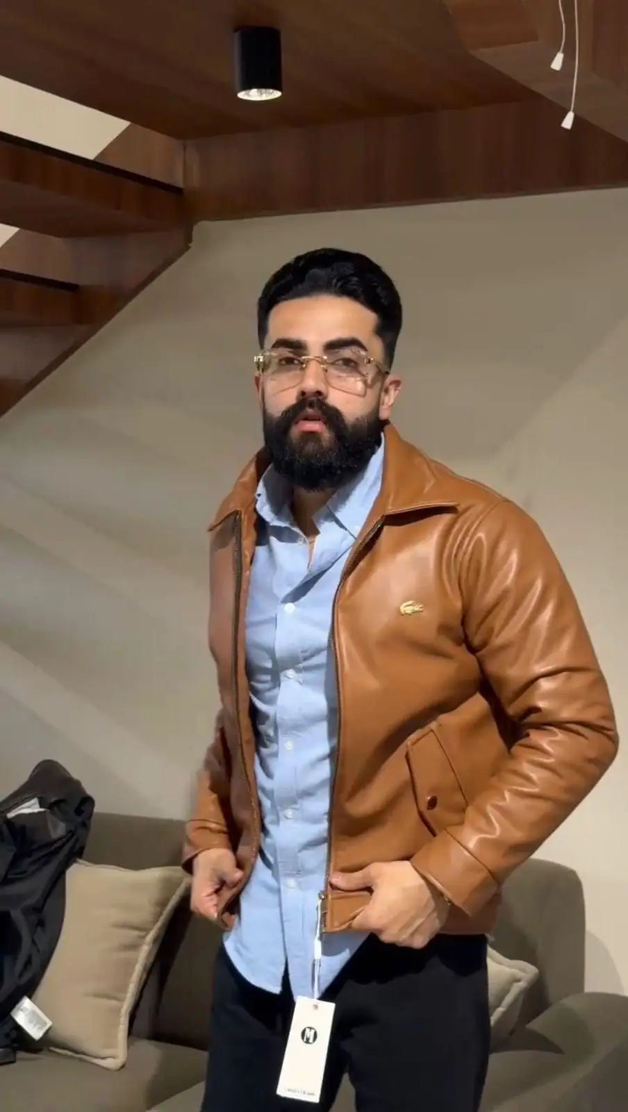 Lacost e Tan Brown Back Work Imported Leather Jacket Main image