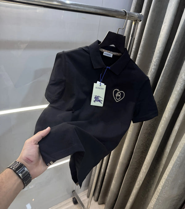 Burberr y Black Embroidery Logo Imported Polo T-Shirt