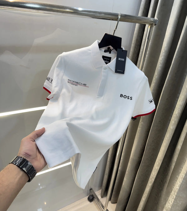 Hug o  Bos s White Porche Edition Premium Polo T-shirt