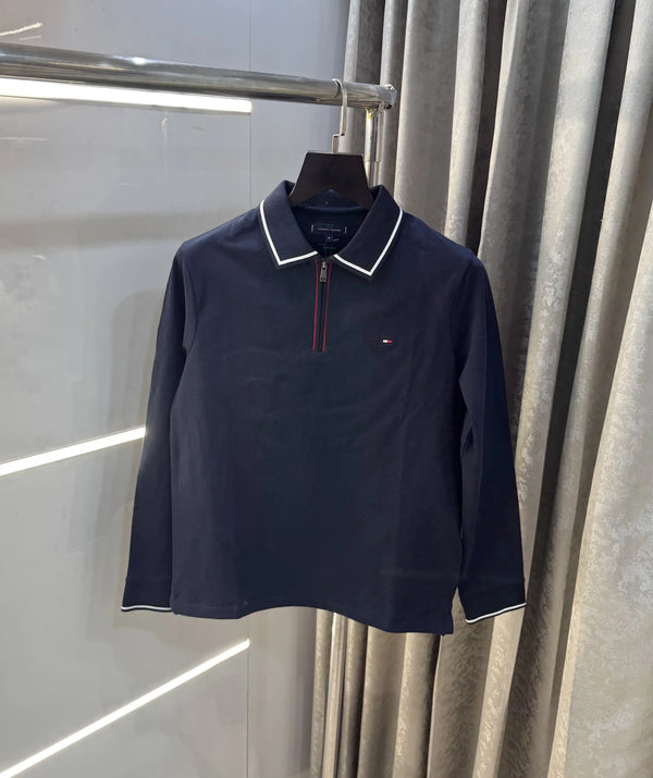 Tomm y Hilfiger Navy Blue Zip Premium Full Sleeve Polo T-Shirt
