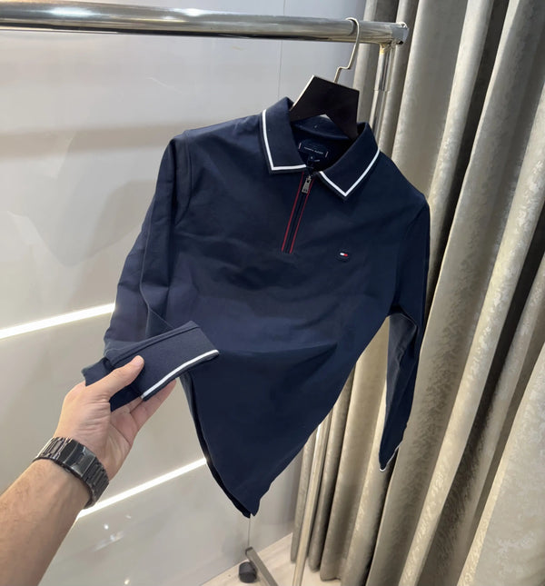Tomm y Hilfiger Navy Blue Zip Premium Full Sleeve Polo T-Shirt
