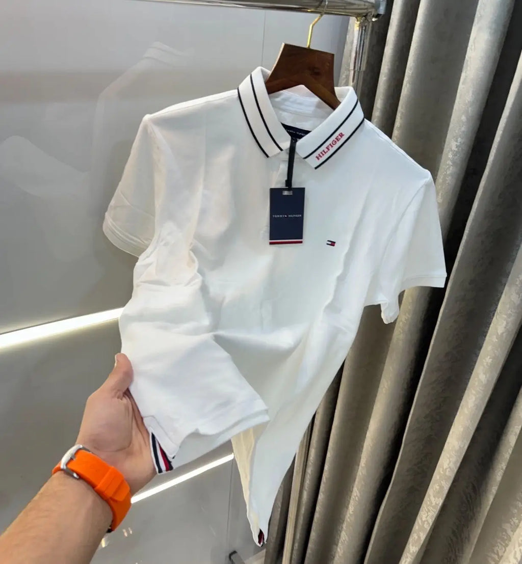 Tomm y Hilfiger White Collar Look Premium Polo T-Shirt