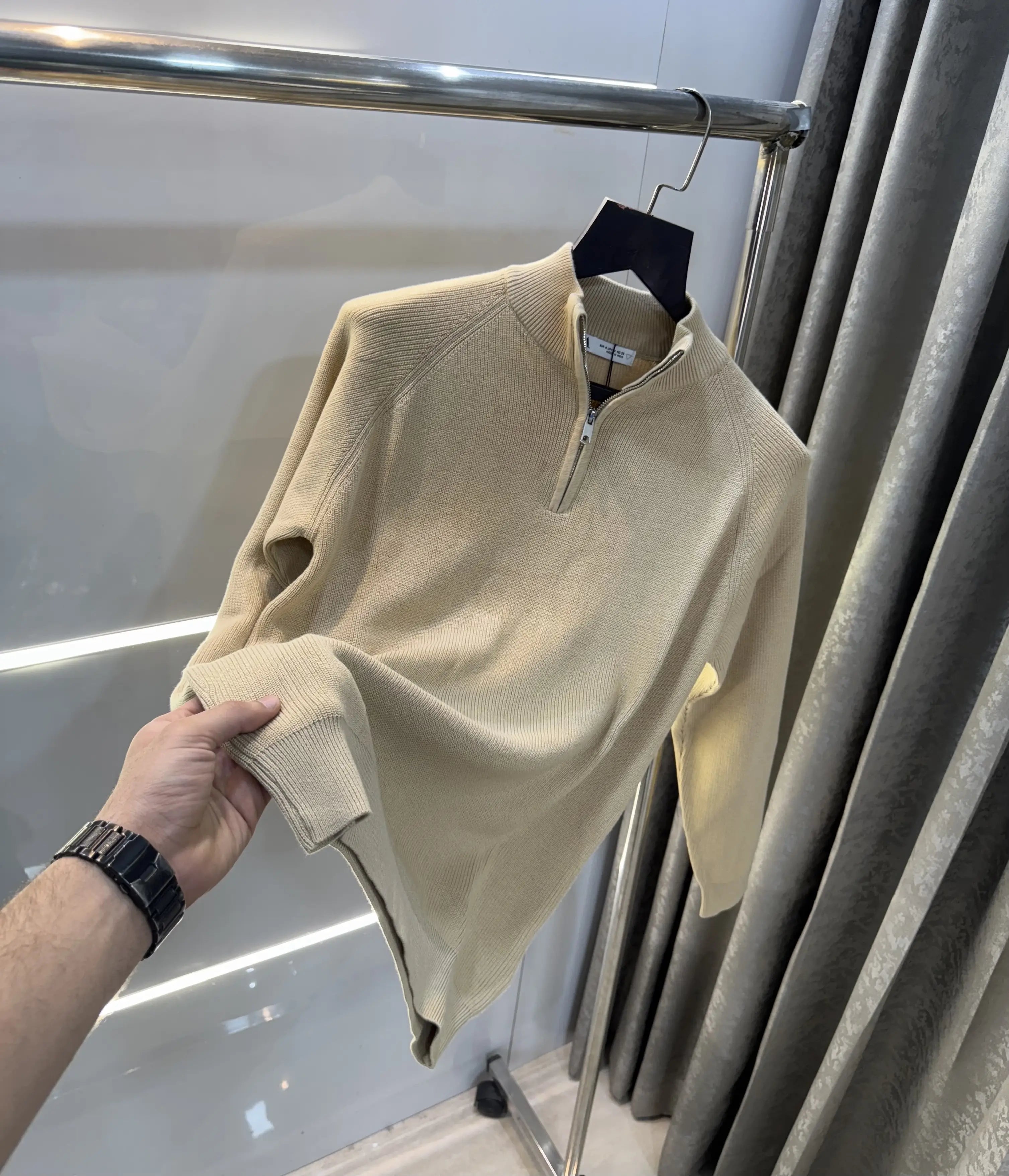 Zar a Beige Zip Premium Knitted Pull Over Main image