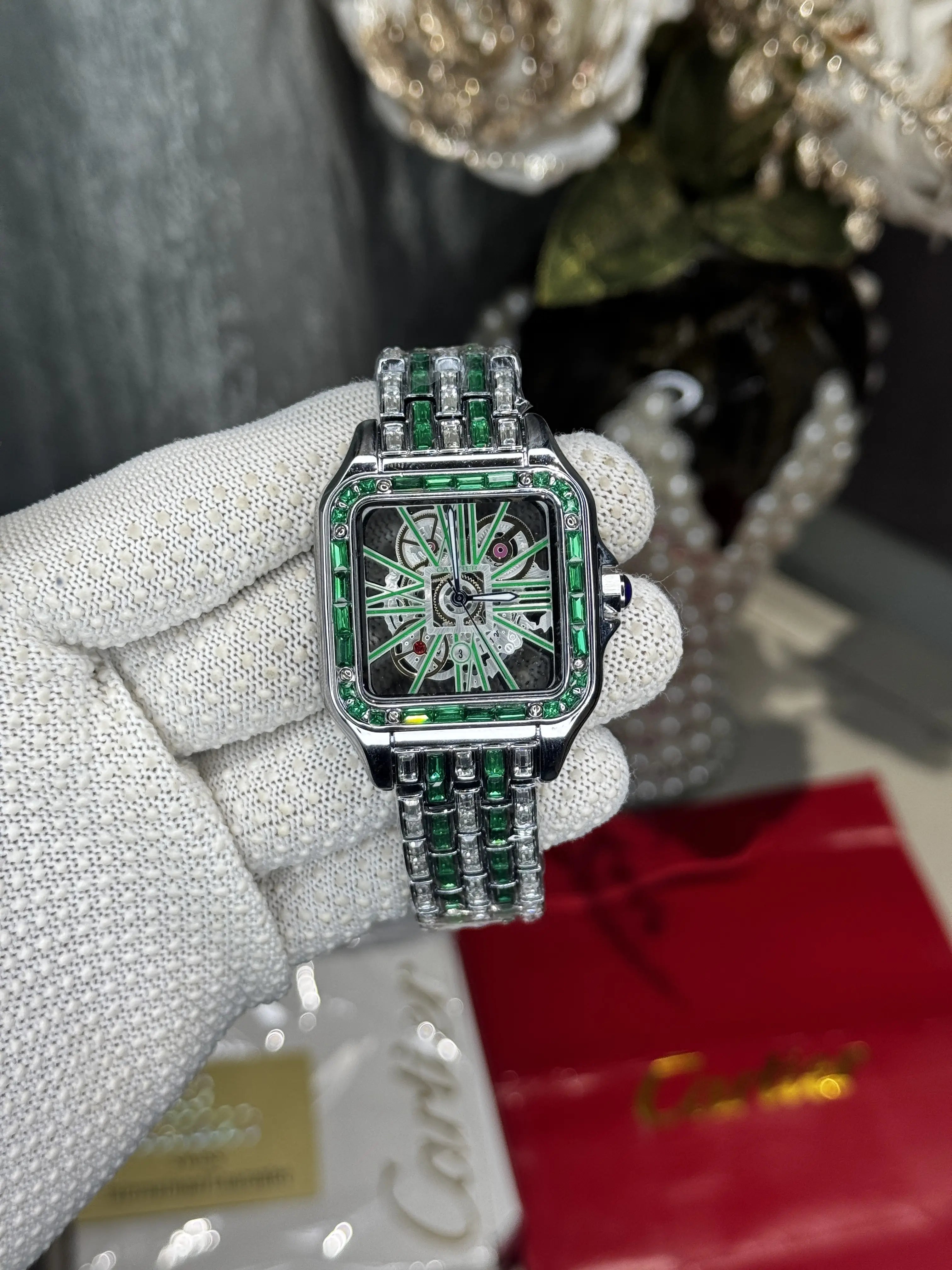 Cartie r Santos Diamond Silver Green Premium Watch