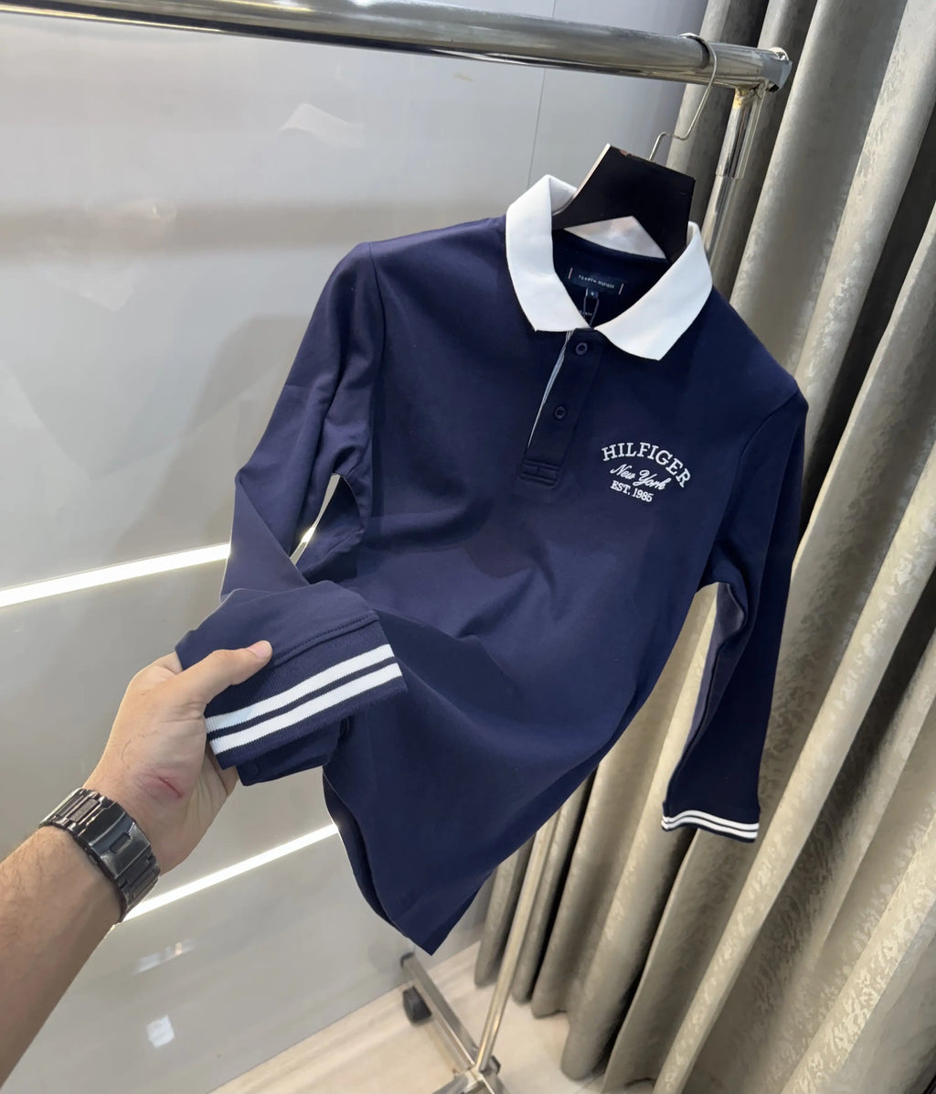 Tomm y Hilfiger Navy Blue Embroidery Logo Premium Full Sleeve Polo T-Shirt
