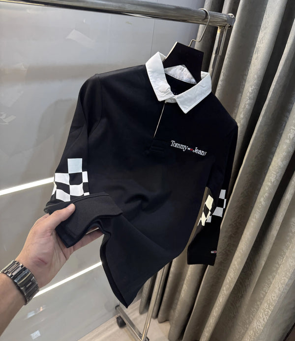 Tomm y Hilfiger Black Embroidery Logo Premium Full Sleeve Polo T-Shirt