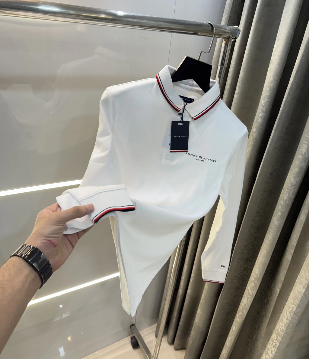 Tomm y Hilfiger White Logo Work Premium Full Sleeve Polo T-Shirt