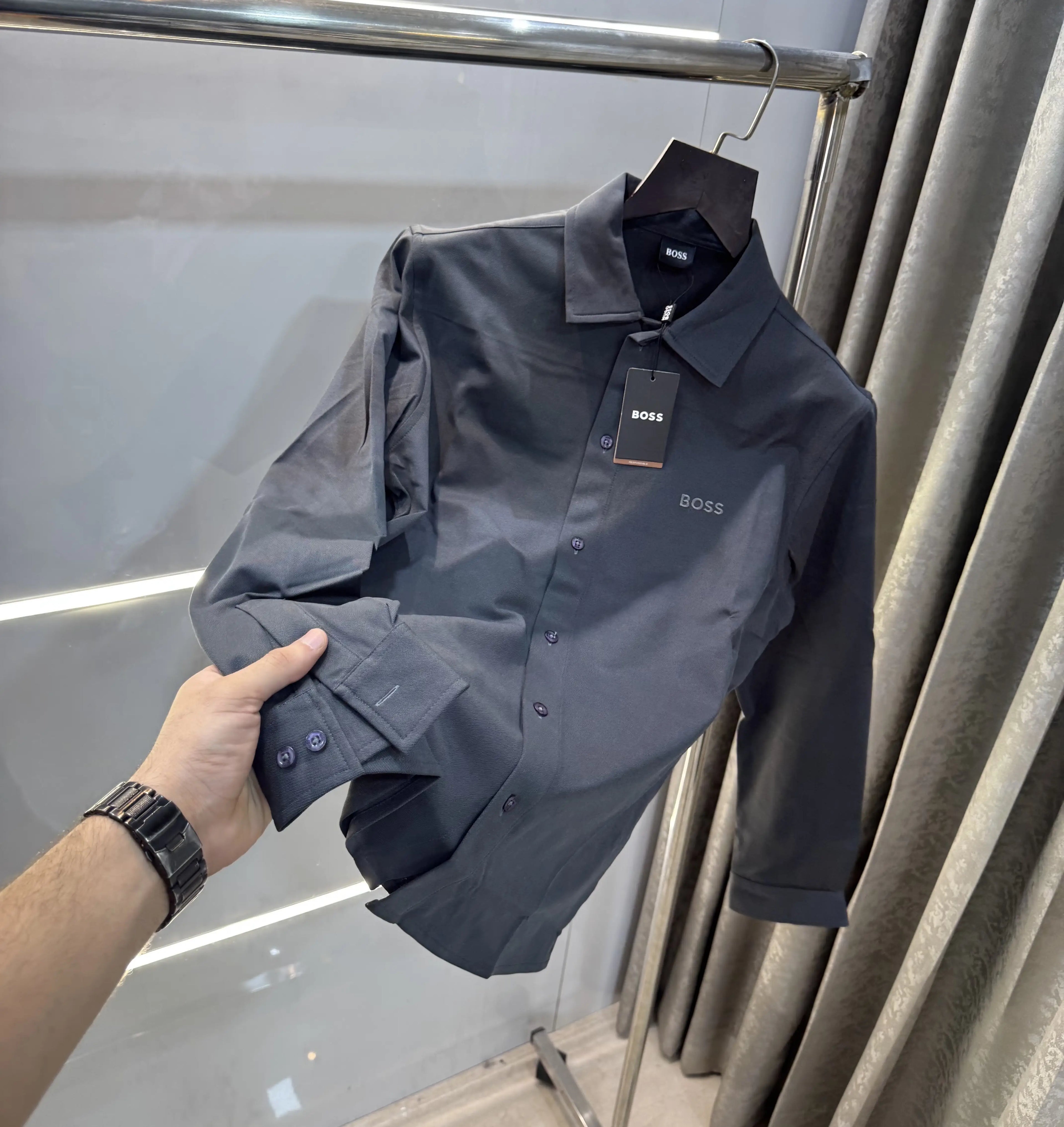Hugo  bo-ss Dark Grey Embroidery Logo Imported Lycra Shirt