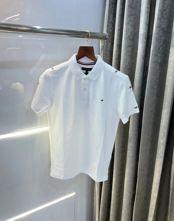 Tomm y Hilfiger White Shoulder Look Premium Polo T-Shirt