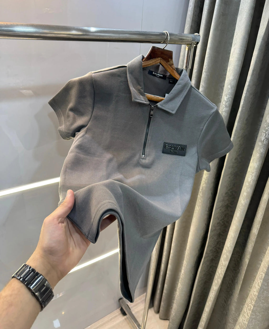 balmai n Paris dark Grey Metal Logo Imported Polo T-Shirt