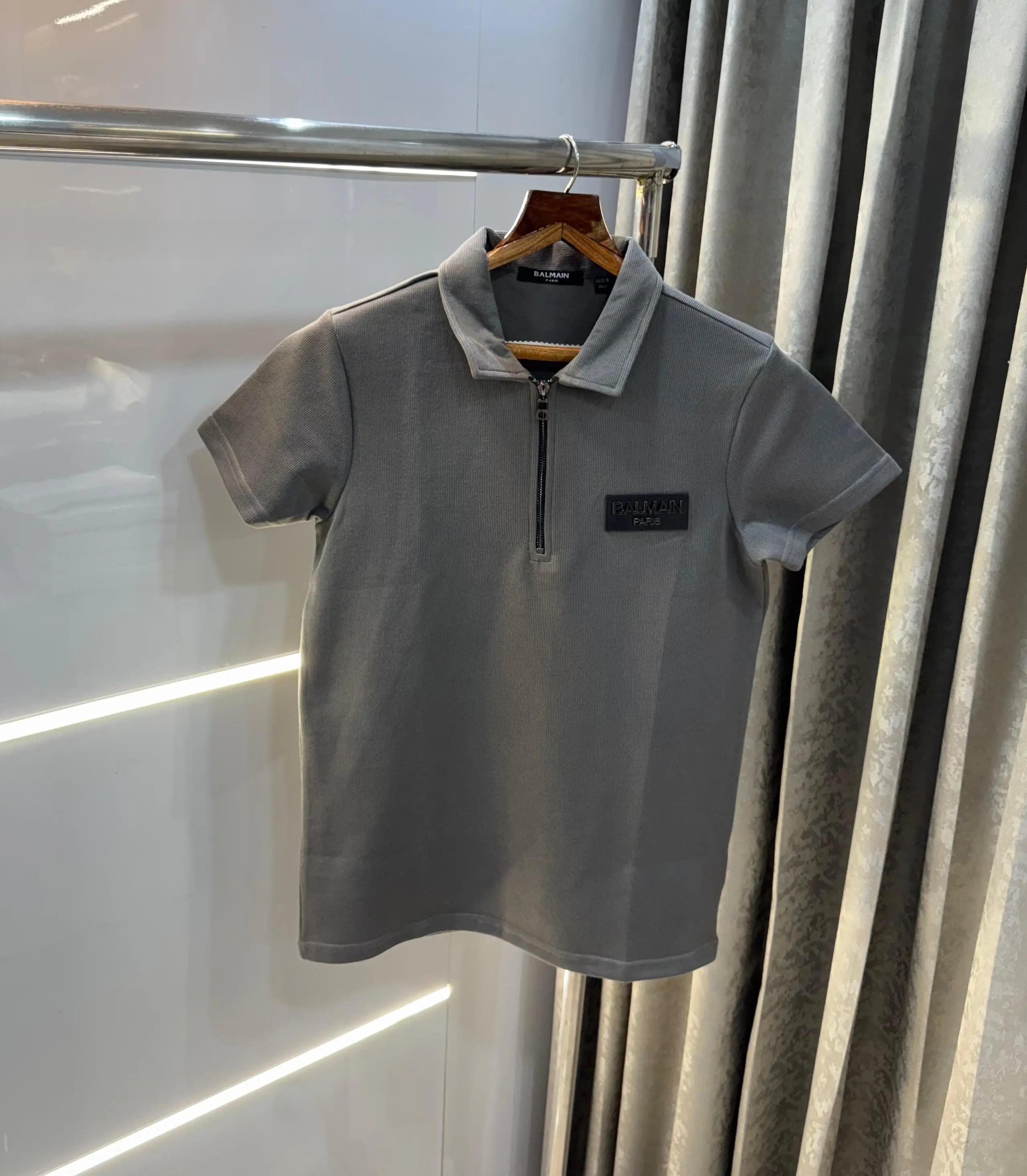 balmai n Paris dark Grey Metal Logo Imported Polo T-Shirt