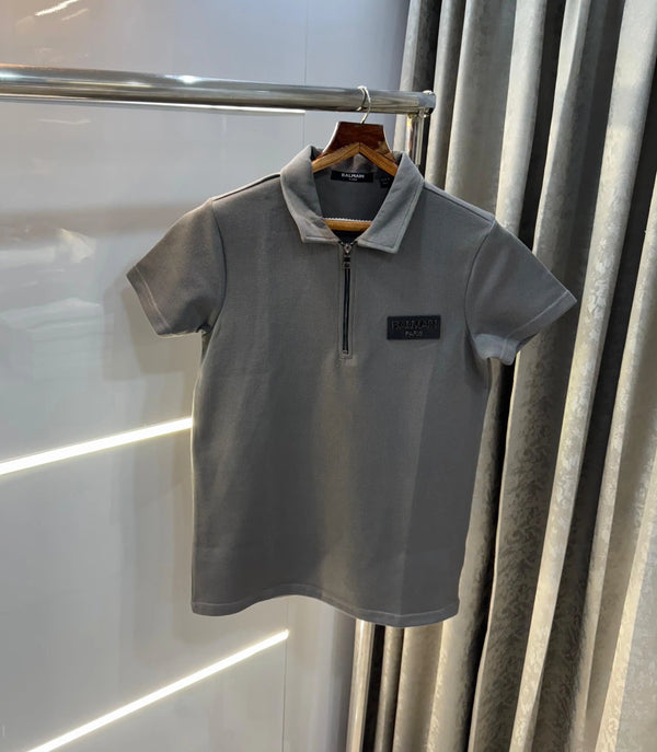 balmai n Paris dark Grey Metal Logo Imported Polo T-Shirt