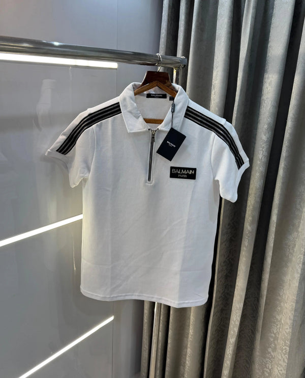 Balmai n Paris White  Metal Logo Imported Polo T-Shirt