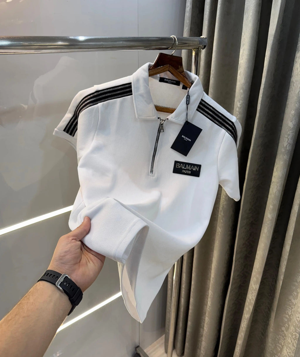 Balmai n Paris White  Metal Logo Imported Polo T-Shirt