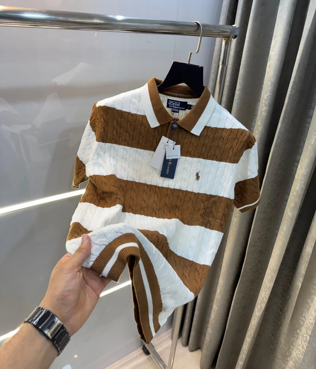 Ralph Laure n Brown StR·Ipes Premium Knitted Polo T-Shirt