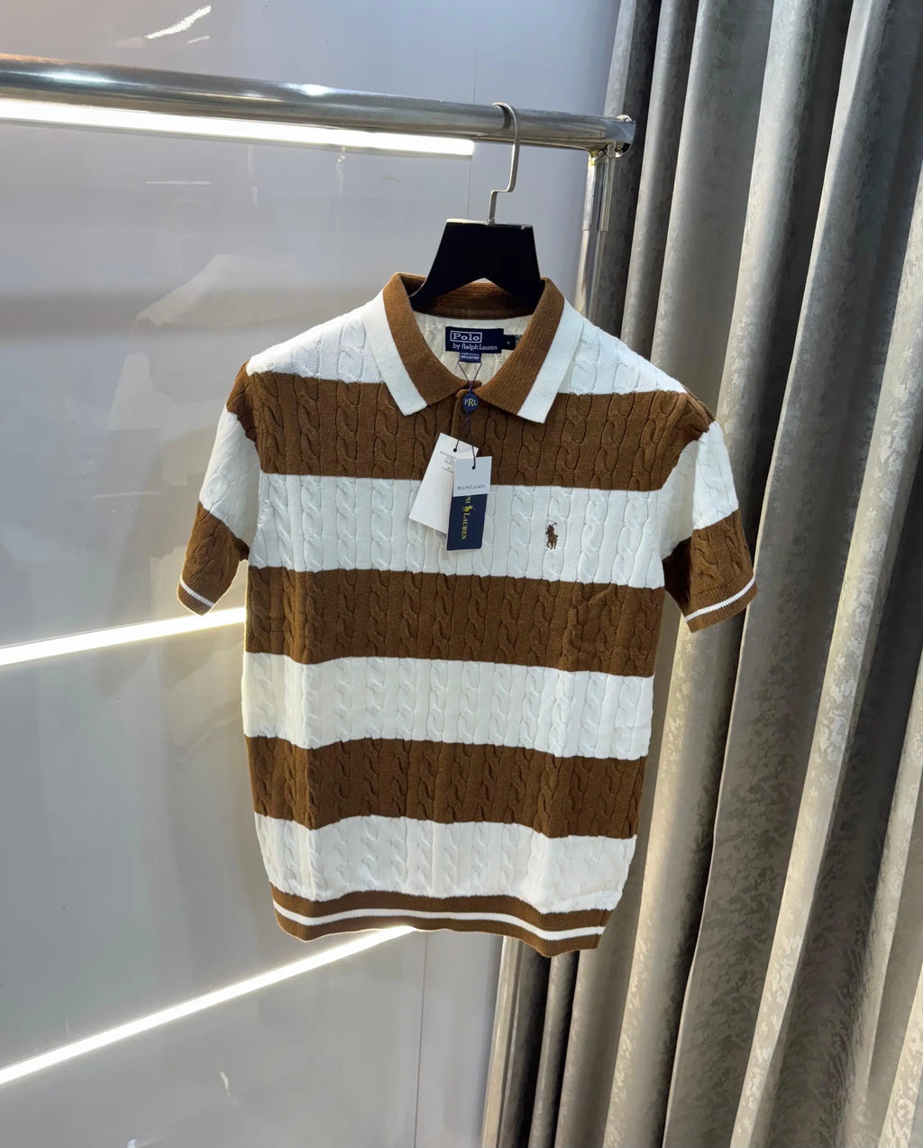 Ralph Laure n Brown StR·Ipes Premium Knitted Polo T-Shirt