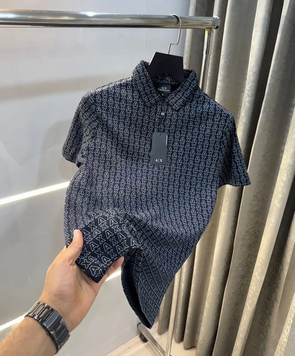 Arman i E_X..chang e Navy Monogr-am Premium Polo T-Shirt