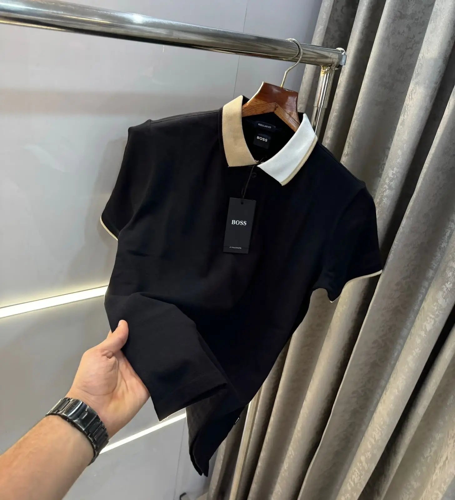 Hugo Bos s Black  Collar Look Premium Polo T-Shirt