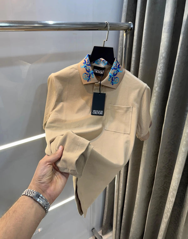 Versac e Couture Baige  Collar Logo Imported Polo T-Shirt