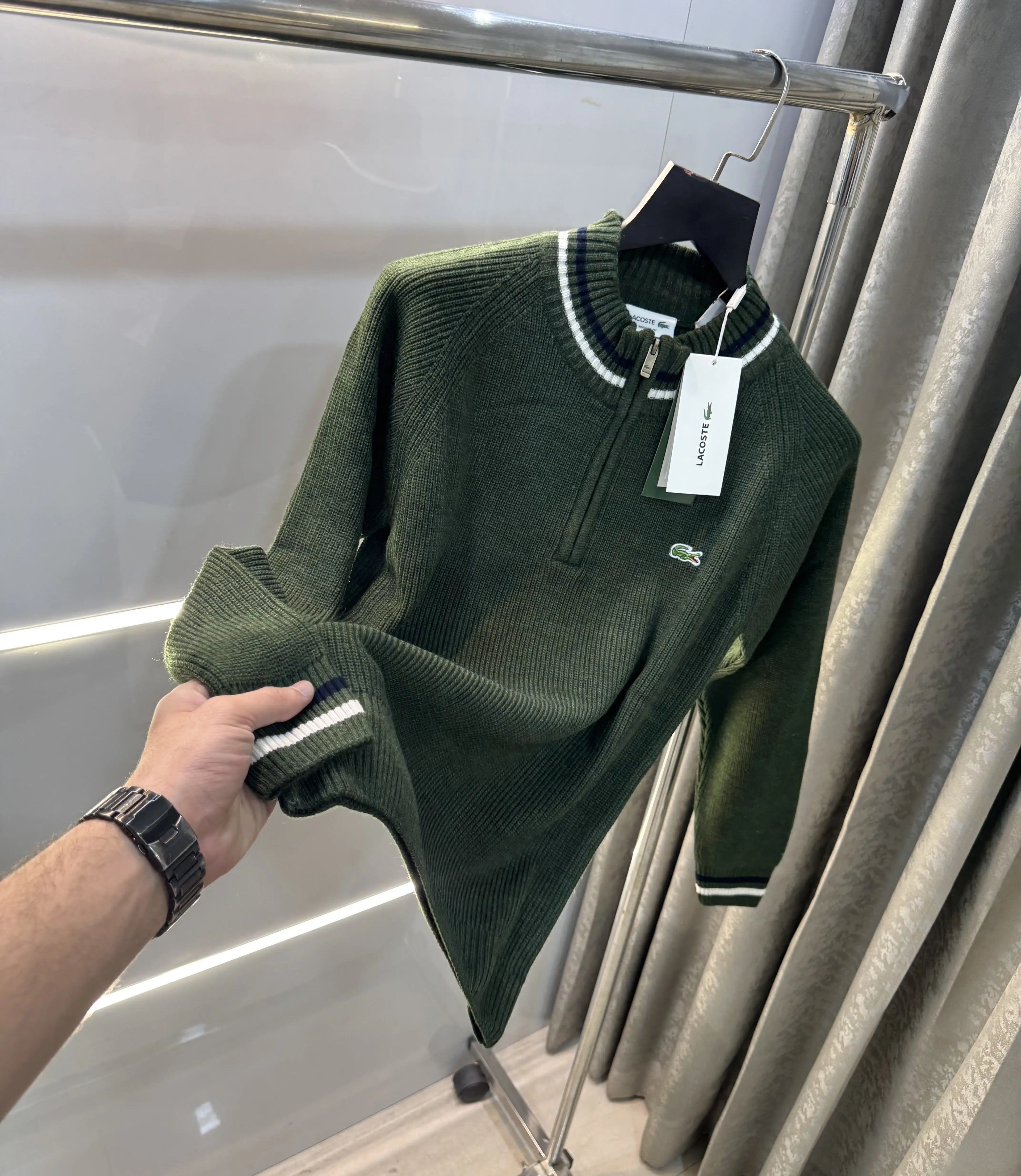 Lacost e Olive Green Zip Imported Pull Over