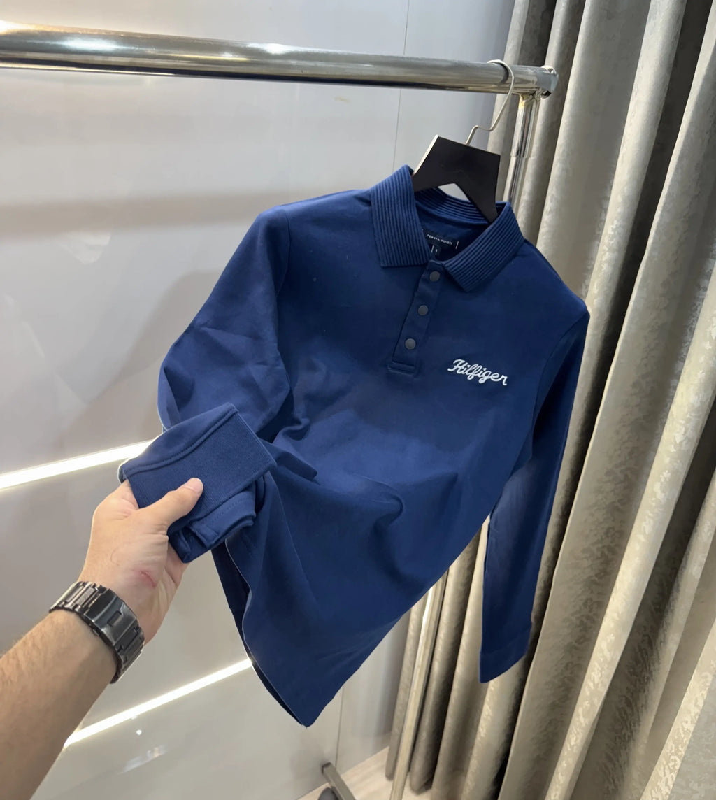 Tomm y Hilfiger Petrol Blue Logo Work Premium Full Sleeve Polo T-Shirt