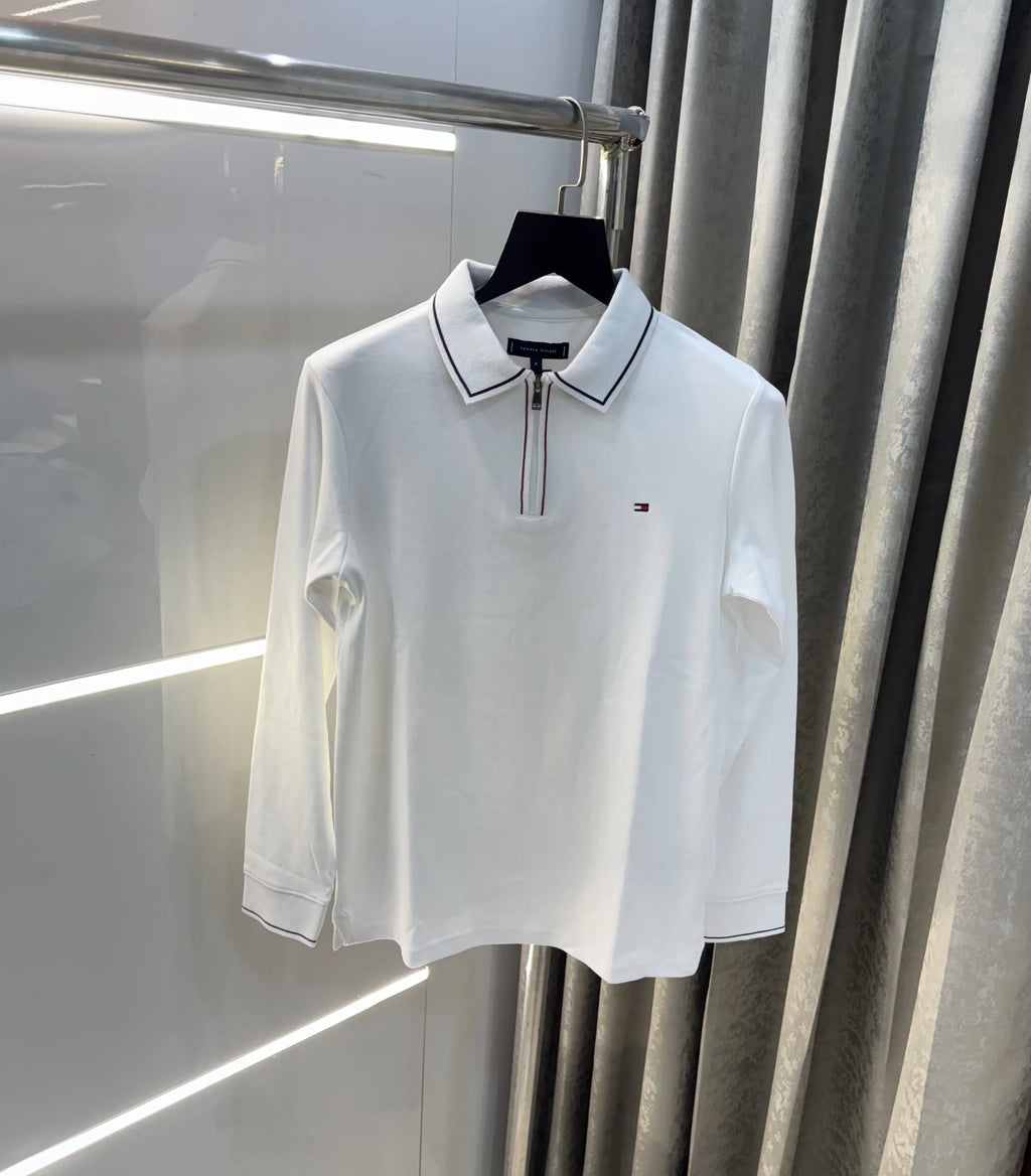 Tomm y Hilfiger White Logo Work Premium Full Sleeve Polo T-Shirt