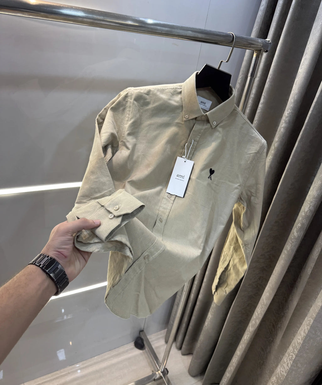 Ami Paris Cream Embroidry Logo Premium Shirt