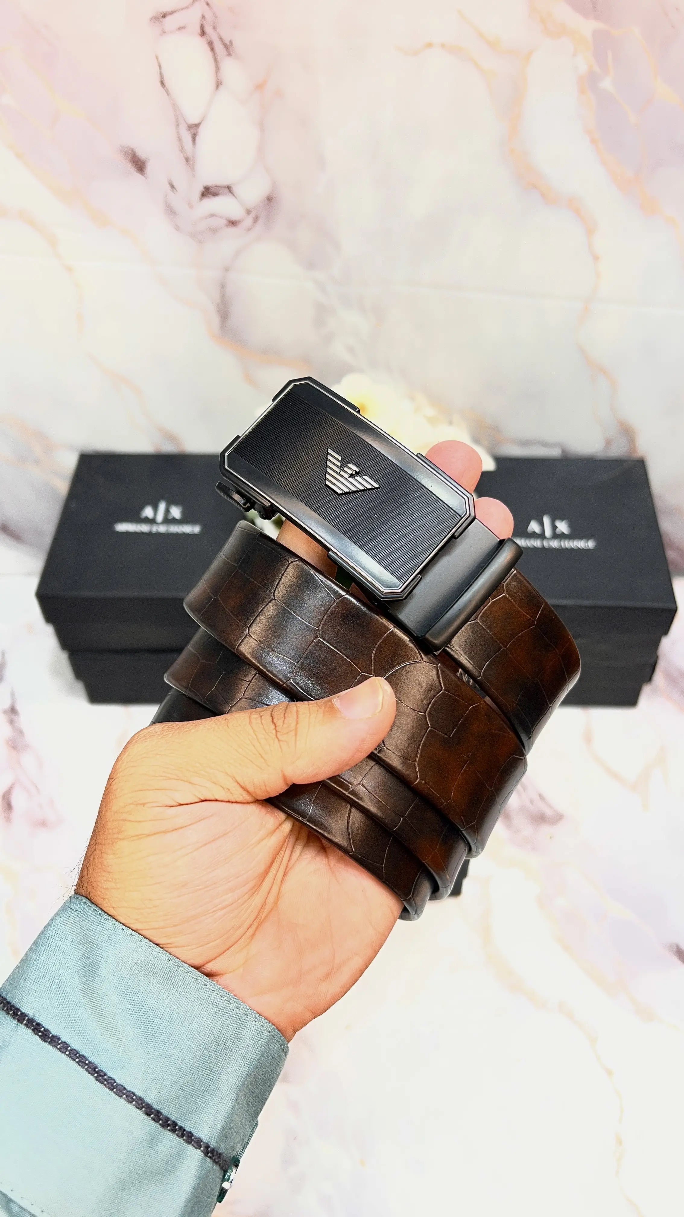 Ax ARMANI EXCHANGE CROCODILE IMP PREMIUM QUALITY AUTOLOCK BELTS WITH OG BOX AX-512