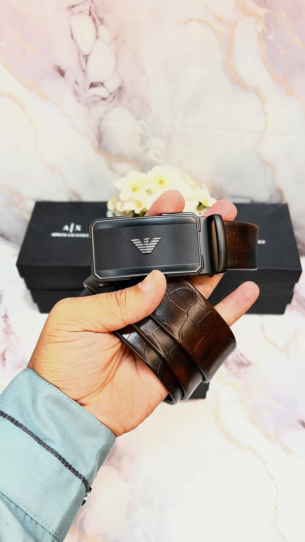 Ax ARMANI EXCHANGE CROCODILE IMP PREMIUM QUALITY AUTOLOCK BELTS WITH OG BOX AX-512