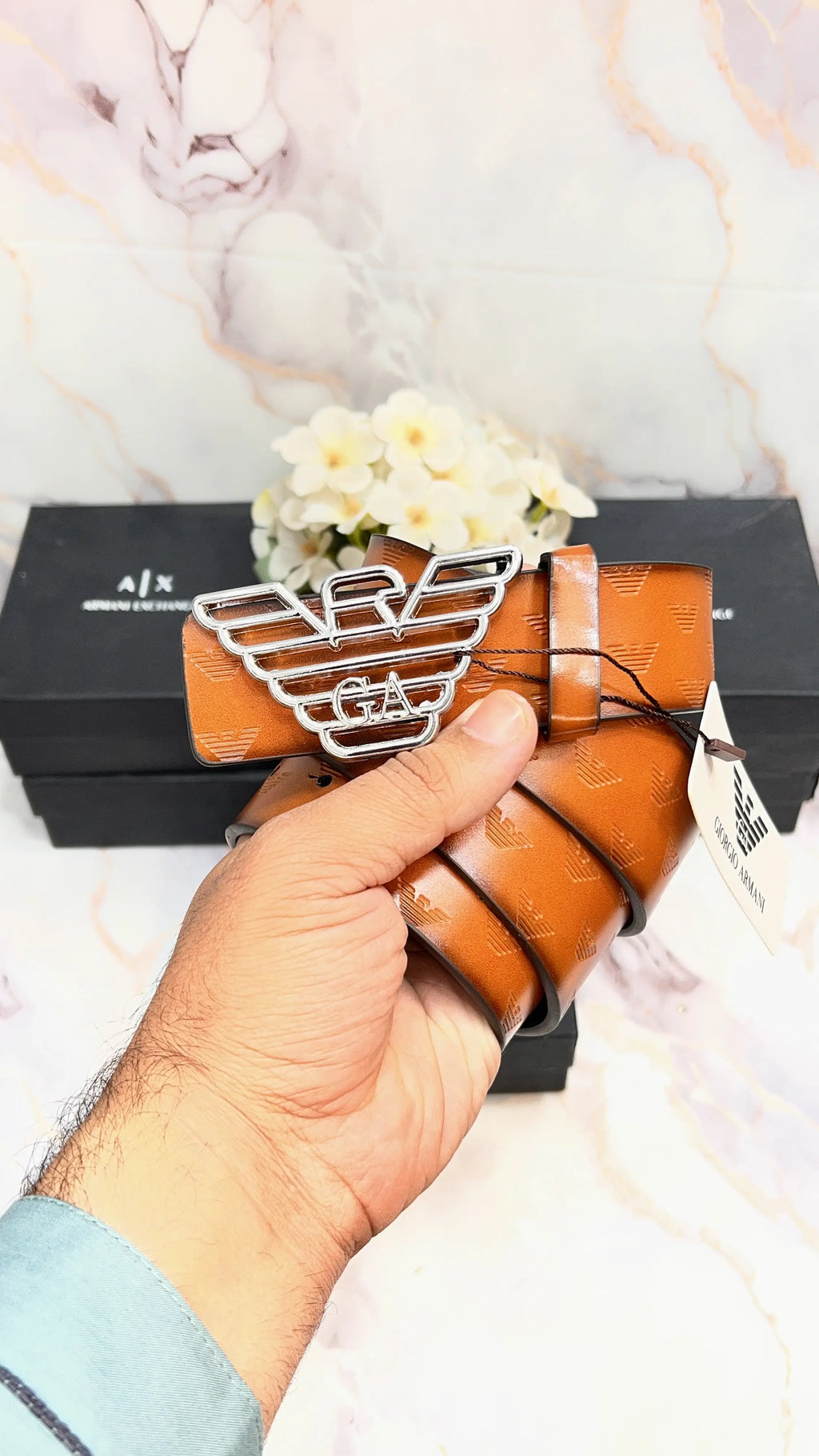 A_X ARm_ANI EXCHNAGE PREMIUM QUALITY IMPORTED EMBOSSED LEATHER BELT WITH OG BOX AX-511