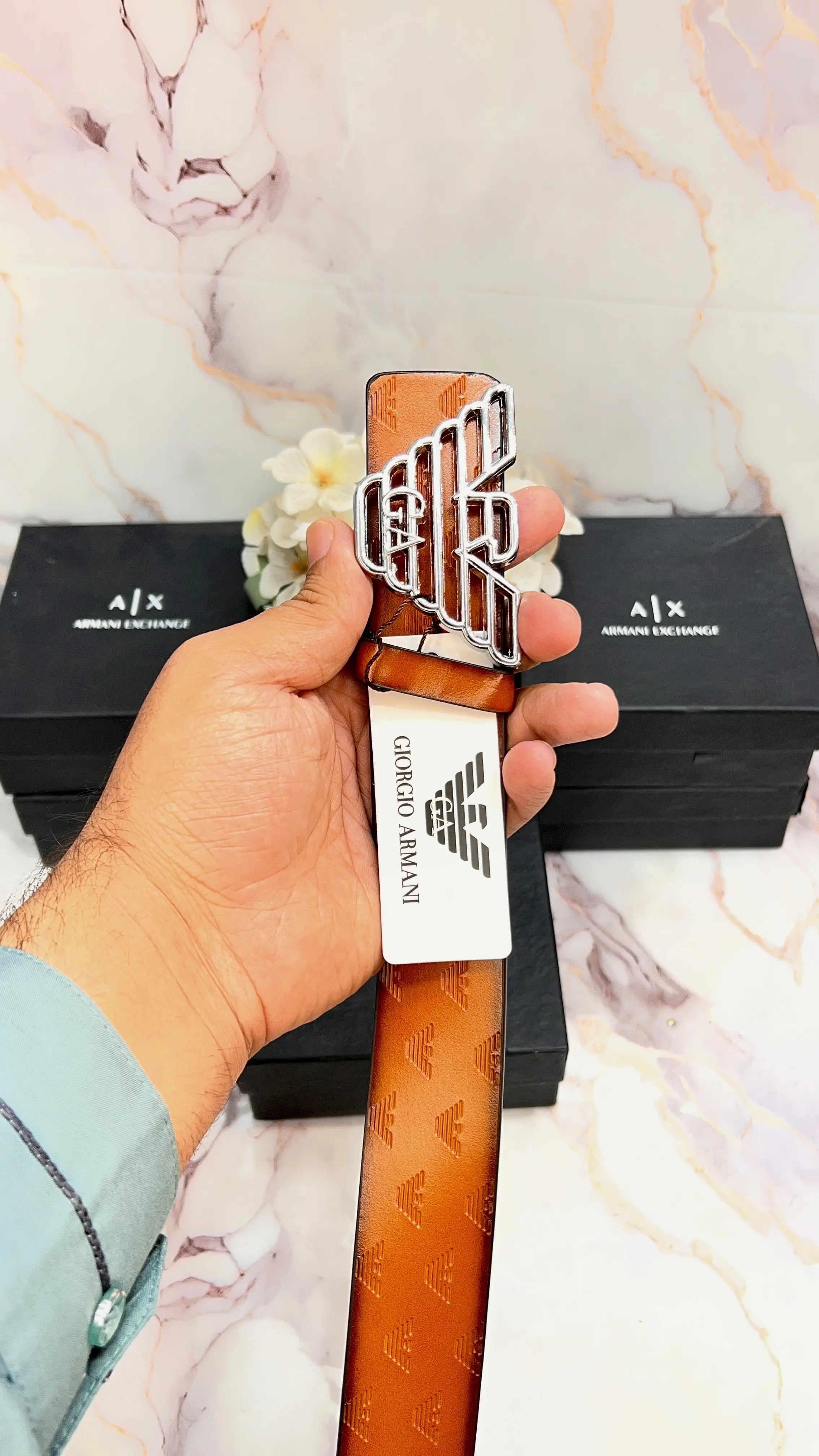A_X ARm_ANI EXCHNAGE PREMIUM QUALITY IMPORTED EMBOSSED LEATHER BELT WITH OG BOX AX-511