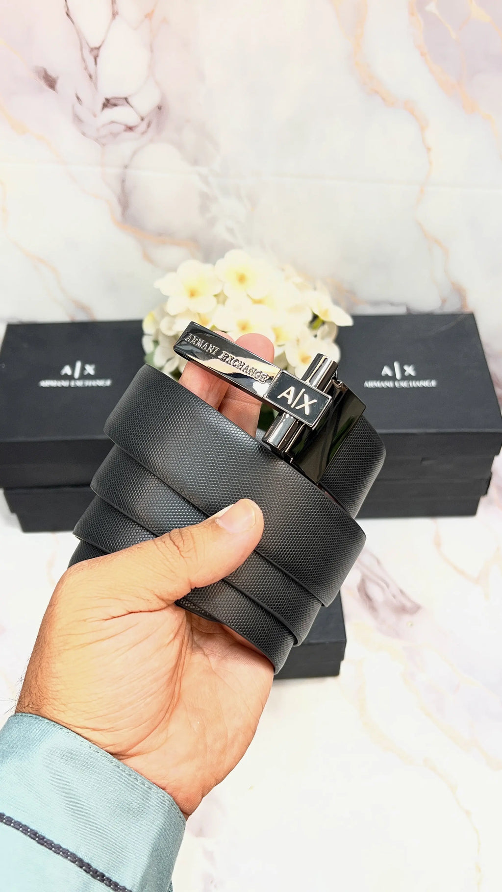 A_X ARMANI EXCHANGE PREMIUM QUALITY IMPORTED REVERSIBLE BELT WITH OG BOX AX-510