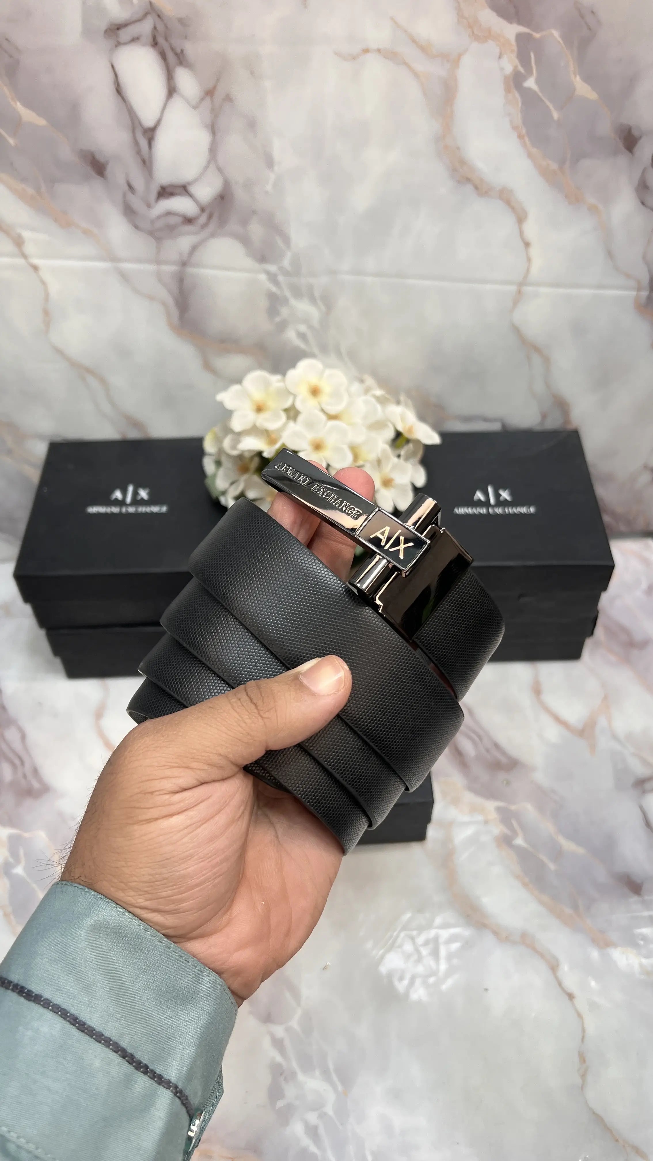 A_X ARMANI EXCHANGE PREMIUM QUALITY IMPORTED REVERSIBLE BELT WITH OG BOX AX-510