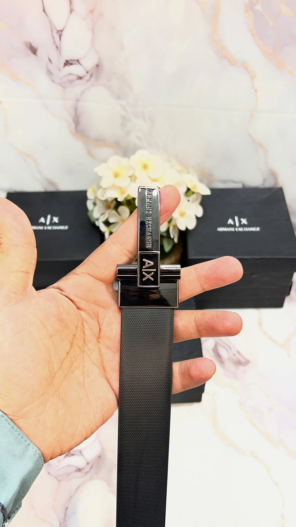 A_X ARMANI EXCHANGE PREMIUM QUALITY IMPORTED REVERSIBLE BELT WITH OG BOX AX-510