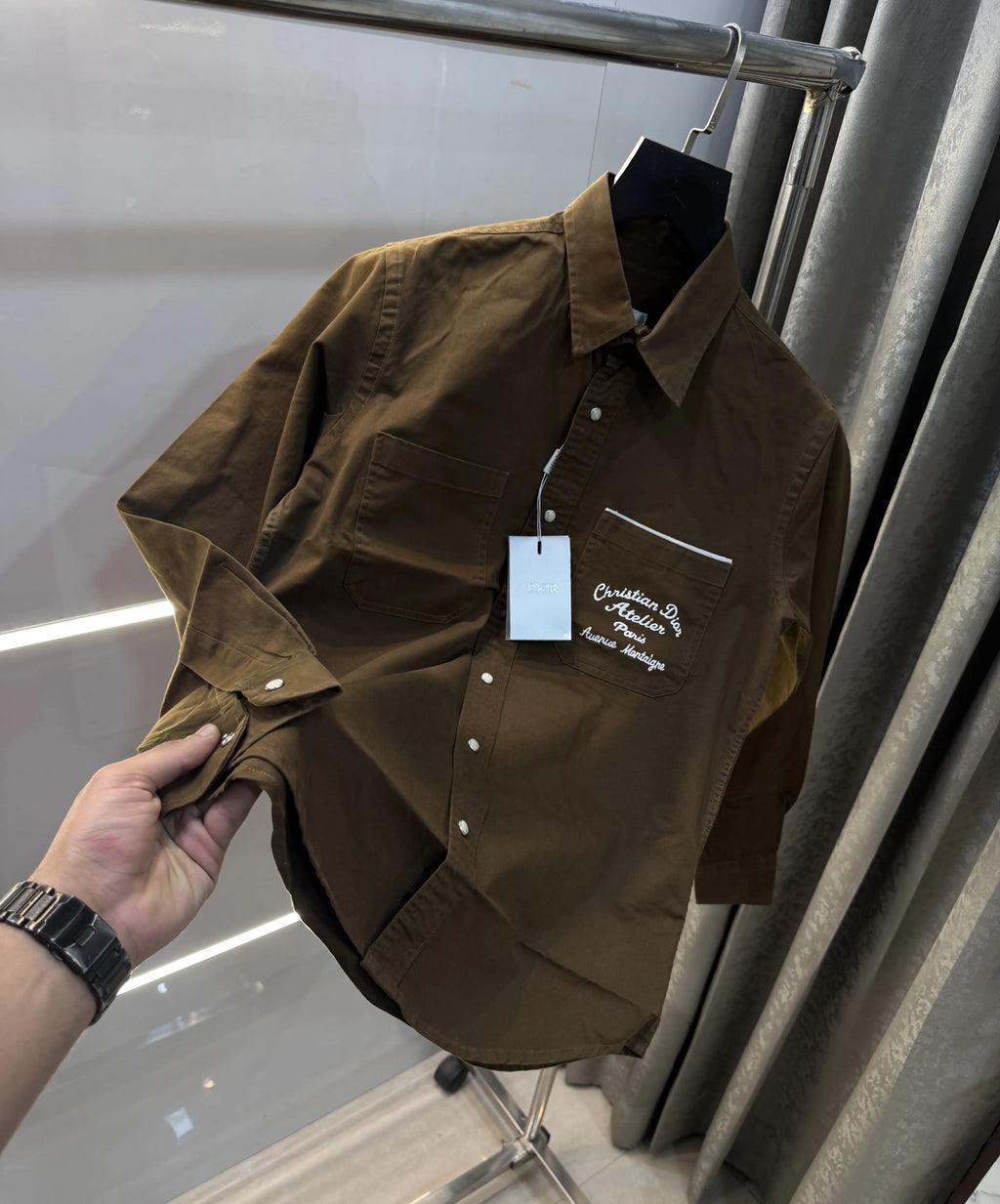 Christian Dior Dark Brown Embroidery Logo Premium Shirt