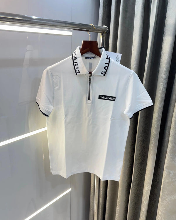 Balmai n Paris White zipper Logo Imported Polo T-Shirt